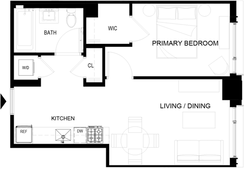 Floor plan for 1 bed, 1 bath, 487 sqft